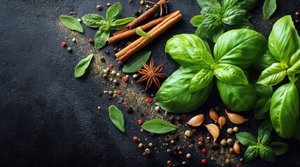 Basil leaves spices and garlic are arranged on a dark surface for cooking. Cinnamon sticks and star anise add an element of flavor to the setup used in meal preparation.