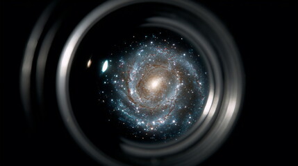 Spiral galaxy viewed through telescope lens in dark space background