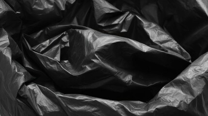 Close-up of a pile of black garbage bags. the bags are crumpled and wrinkled, creating a textured surface. the image is in black and white, highlighting the folds and creases of the bags.