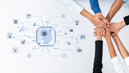 A diverse group of individuals uniting hands symbolizing teamwork in artificial intelligence. Surrounding the image are digital icons showcasing innovation and technology. Raster