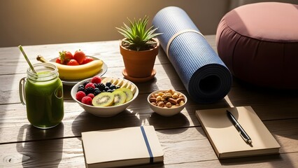 Health and Wellness: Fitness Nutrition Still Life with Yoga Mat