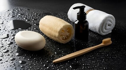 Modern Lifestyle Concepts: Soap, Loofah and Towel on Wet Black Surface