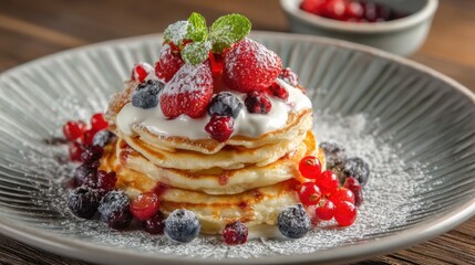 A stack of pancakes topped with cream and a variety of berries sits on a plate. The dish is placed on a wooden table and berries are in a small bowl nearby.