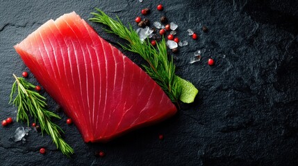 A fresh cut of red fish is laid on a black stone surface. Surrounding it are green herbs and colorful spices. The setting suggests preparation for cooking or presentation.