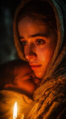Mother holding sleeping child by candlelight in warm closeup portrait