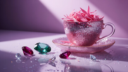 Whimsical Pink Glitter Teacup with Petals and Sparkling Gemstones Still Life