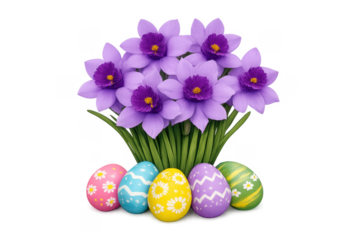 Colorful easter eggs and purple daffodils celebrating spring holiday