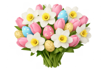 Easter spring bouquet featuring colorful eggs, tulips, and daffodils