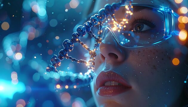 Unraveling the Code: A scientist gazes intently at a holographic representation of a DNA strand, innovation, and cutting-edge biotechnology.