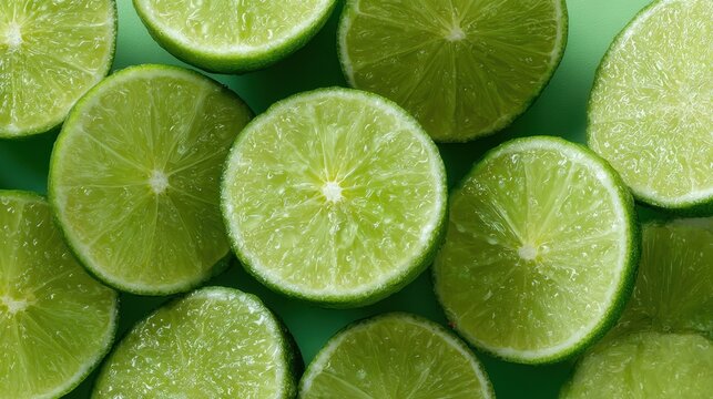 Limes are cut into halves and arranged on a green surface. The bright green color of the limes adds freshness to the setting. The scene shows the juicy interior of the fruit.