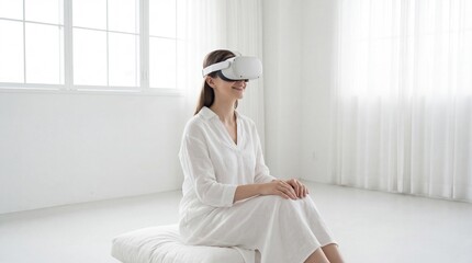 Woman wearing virtual reality headset sitting peacefully on cushion. Immersive VR experience for relaxation and mindfulness. Modern digital technology in serene wellness environment.
