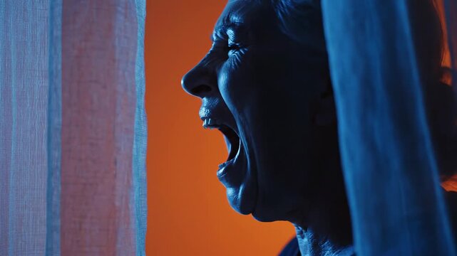Elderly woman screaming in distress, illuminated by blue light against orange background