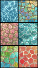 Colorful mosaic stone patterns under water as wallpaper collage