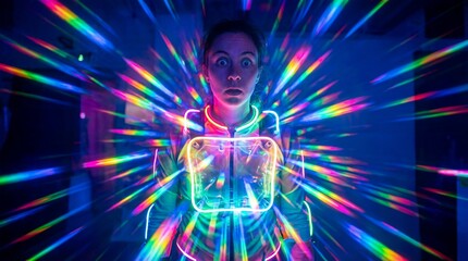 Woman in revealing neon outfit with surprised wide-eyed expression. Glowing prismatic light effects surround her in futuristic cyberpunk scene. Digital neon art concept for sci-fi and technology