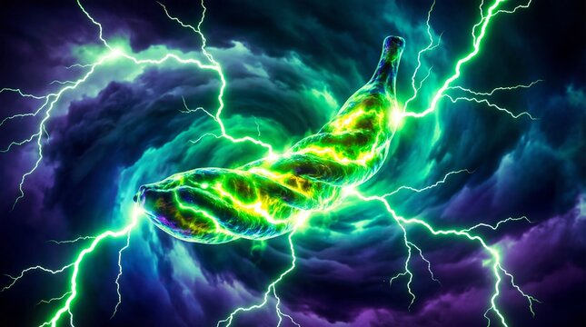 Twisted glowing green banana with electric lightning. Nano technology fruit in stormy clouds. Surreal sci-fi digital art concept for futuristic visuals - Powered by Adobe