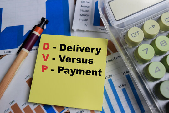 Concept of DVP - Delivery Versus Payment write on sticky notes isolated on Wooden Table.