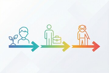 Visualizing Life Stages Through Iconography Representing Growth Transition and Aging Journey Illustrated with Clear Arrows and Minimalist Design Elements