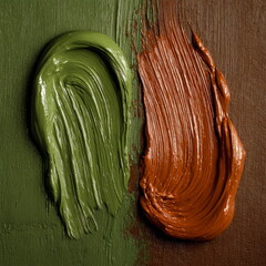 Green and brown paint brushstrokes on textured surface close up