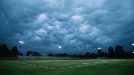 Football field at night. the sky is filled with dark, ominous clouds that are covering most of the sky. the clouds are dark grey and billowing upwards, creating a dramatic and ominous atmosphere.
