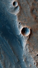 Planet surface with multiple impact craters viewed from above in space