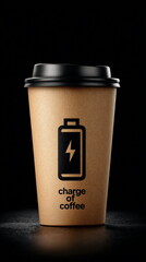Coffee paper cup with battery icon and charging text