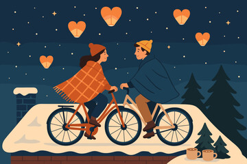 Naklejka premium Wrapped mugs above illustration winter around blankets scene rooftop couple night biking