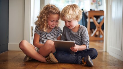 Two young kids are sitting on a wooden floor in a house. They look at a tablet together sharing an engaging moment and enjoying what they see on the screen.