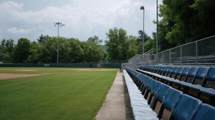 Baseball field with a row of empty blue seats on the right side of the image. the seats are arranged in a neat row and appear to be empty.