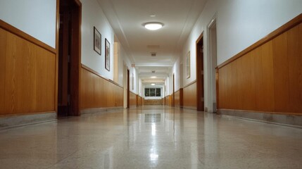 Obraz premium Long, empty hallway with wooden paneling on both sides. the floor is made of light-colored tiles and the walls are painted white.