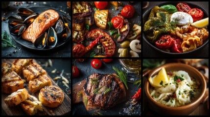 A collection of dishes displays grilled salmon seafood roasted vegetables and pasta. Colorful ingredients are arranged on dark plates with fresh herbs.