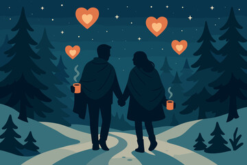 Obraz premium Romantic vector wrapped couple illustration around winter above stroll cozy snowy night