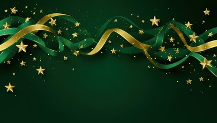 abstract dark green background with golden stars and ribbons for christmas or new year celebration
