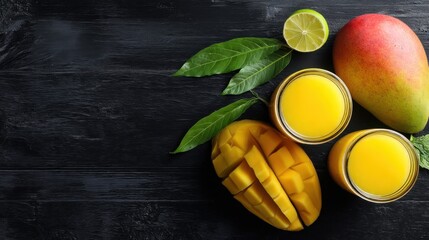 Two jars of mango juice are placed next to sliced mango and whole mango on a dark table. Lime halves and green leaves add to the arrangement in midday light.