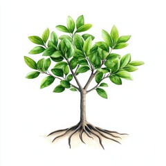 Colorful Tree with Green Leaves and Roots Illustration on White Background