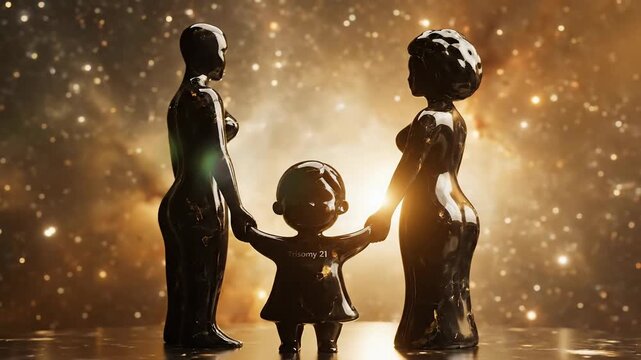 Family Silhouette with Child Holding Hands, Cosmic Background, Trisomy 21 Symbol