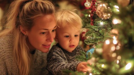 A mother and her young child are focused on decorating a Christmas tree. The child points at ornaments while the mother watches closely creating a joyful moment in their home.