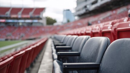 Row of empty red seats in a sports stadium. the seats are arranged in a neat row and are facing towards the right side of the image.