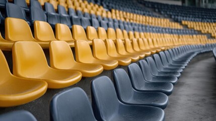 Naklejka premium Row of empty seats in a stadium. the seats are arranged in a neat and orderly manner, with rows of yellow and grey seats facing towards the right side of the image.