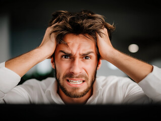 Person with hands on head showing frustration while looking at computer screen in indoor workspace during the day