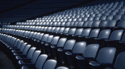Fototapeta premium Rows of empty blue seats in an empty stadium. the seats are arranged in a neat and orderly manner, with each seat facing towards the right side of the image.