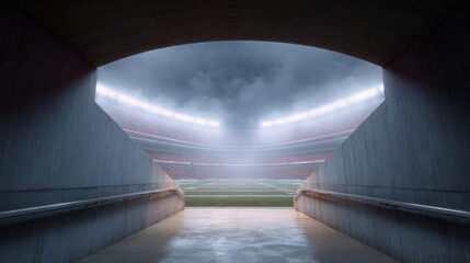 Fototapeta premium Long, narrow tunnel with a view of a football stadium. the tunnel appears to be made of concrete and has a concrete floor at the bottom.