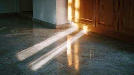 Corner of a room with a tiled floor. the floor is made of light-colored tiles and has a glossy finish.