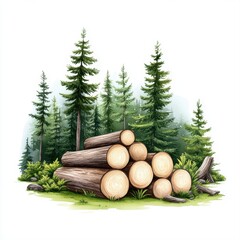 Logs Stacked among Evergreen Trees in a Lush Green Forest Landscape