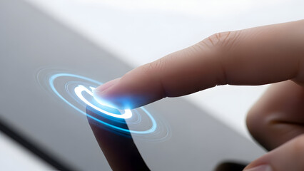 finger pressing a virtual power button, futuristic technology activation, white soft blur background