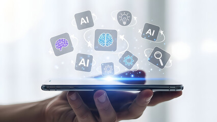 Smartphone projecting transparent AI icons in the air, futuristic mobile technology, white blur background