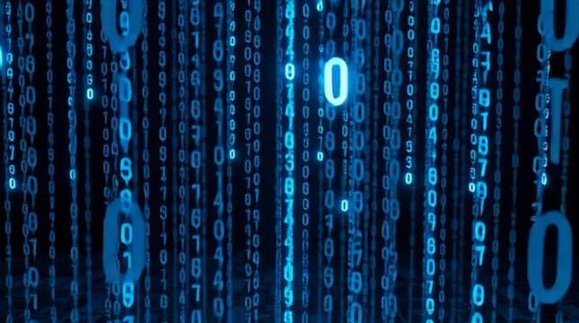 Abstract digital rain of glowing numbers flowing downward in a futuristic cyber space background, symbolizing data streams, coding systems, artificial intelligence, and infinite information networks