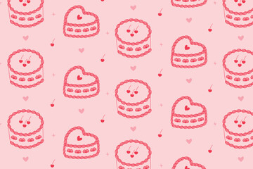 Coquette seamless pattern with hand-drawn cakes. Festive background for Valentine's Day and weddings.