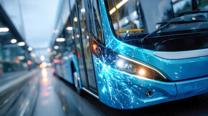 Fototapeta premium Electric bus glides through urban streets on a rainy evening, radiating vibrant blue hues and energy
