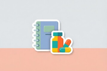 Fototapeta premium Colorful tablet medication bottle and notepad symbolizing health tracking or medication management presented on a minimalistic pastel background emphasizing modern digital health concepts