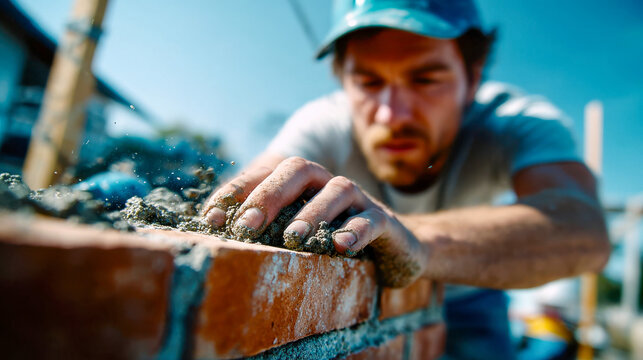 Skilled craftsman expertly lays bricks under a bright sky in a bustling construction site